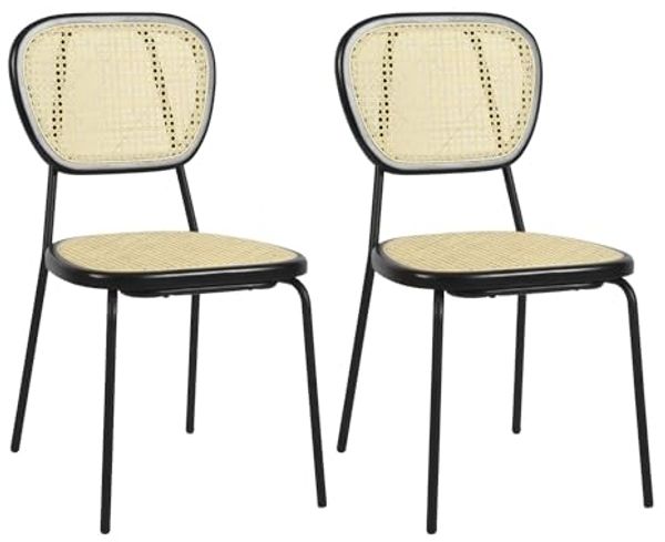 39F FURNITURE DREAM Set mit 2 skandinavischen Esszimmerstühlen aus natürlichem Rattan, Gestell aus schwarzem Metall, Faul, Natur, 45 x 51 x 84 cm