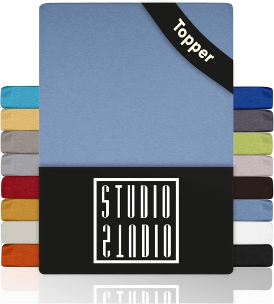 STUDIO Basic Topper Spannbettlaken 180x200 cm, 100% gekämmte Baumwolle, Oeko-TEX 100, Markenqualität, Bettlaken 180x200 Topperbezug Jersey - Mittelblau Bild 1