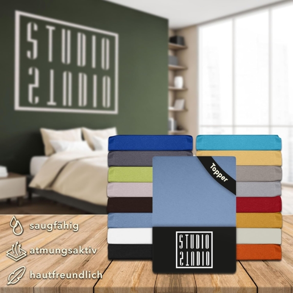 STUDIO Basic Topper Spannbettlaken 180x200 cm, 100% gekämmte Baumwolle, Oeko-TEX 100, Markenqualität, Bettlaken 180x200 Topperbezug Jersey - Mittelblau Bild 6