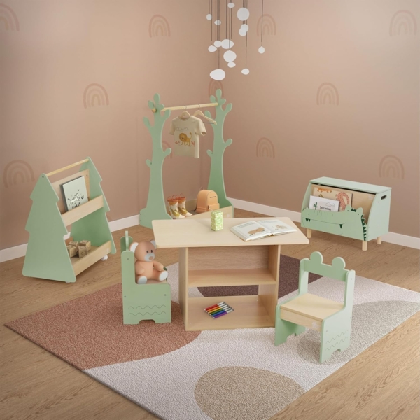 Joyz Spielzeugtruhe Kindersitzgruppe Kinderregal Bücherregal Kleiderständer Kleiderstange, Set aus MDF Tisch 2 Stühlen mit Ablage & Kiste