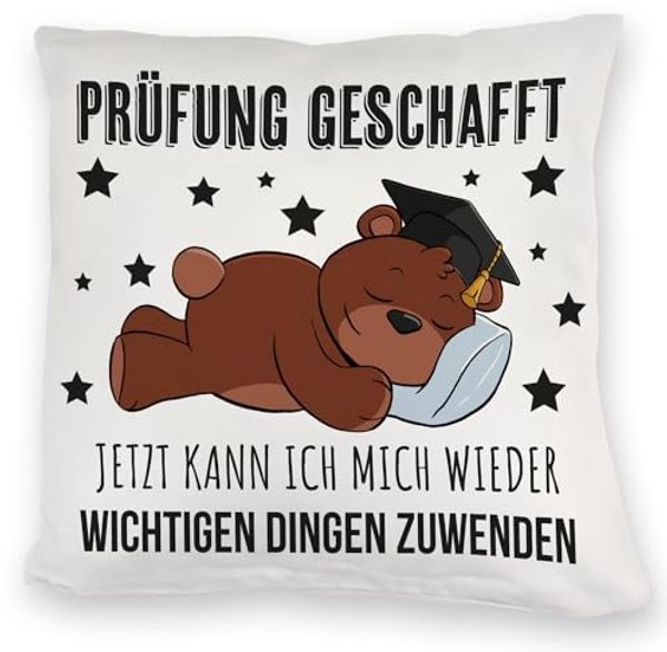 speecheese Dekokissen Schlafender Bär mit Doktorhut Kuschelkissen Spruch Prüfung bestanden
