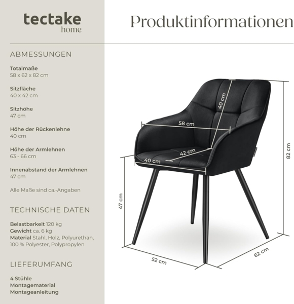 tectake Esszimmerstuhl Marilyn (4er Set, 4 St), gepolstert, in Samtoptik, gesteppt Bild 3