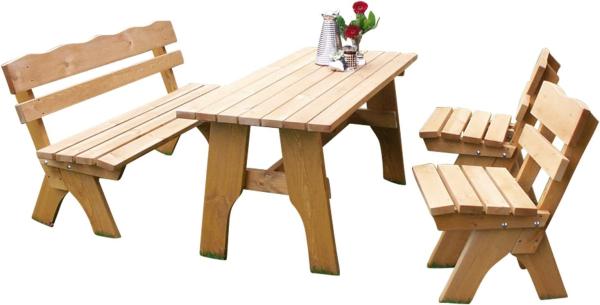 TPFGarden 4-teilige Garnitur DRIEBURG aus Kiefer massiv 35mm Garnitur: 2x Stuhl, 1x Bank 3-sitzer, 1x Tisch 70cmx150cm rechteckig Holz