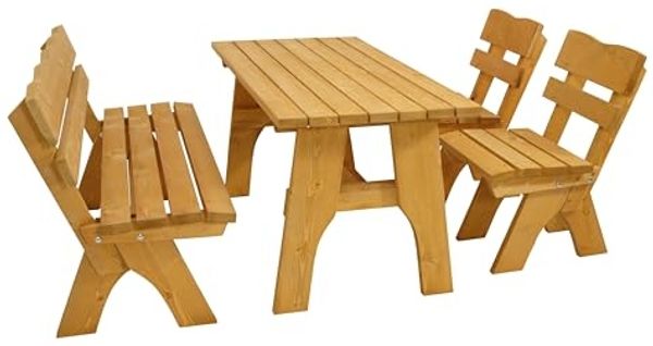 TPFGarden 4-teilige Garnitur DRIEBURG aus Kiefer massiv 35mm Garnitur: 2x Stuhl, 1x Bank 3-sitzer, 1x Tisch 70x150 cm rechteckig Holz