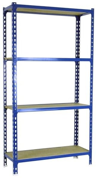 Simonrack Schwerlastregal, Lagerregal, 150 x 80 x 30 cm, Metallregal, Kellerregal, Biegestelle 150 kg, 4 Holzfachböden, Blau/Holz - Maderclick