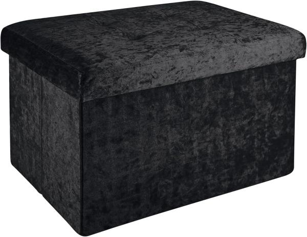 INTIRILIFE Faltbare Sitzbank 49x30x30 cm in Samt Schwarz - Sitzwürfel mit Stauraum und Deckel mit Samtbezug - Sitzcube Fußablage Aufbewahrungsbox Truhe Sitzhocker