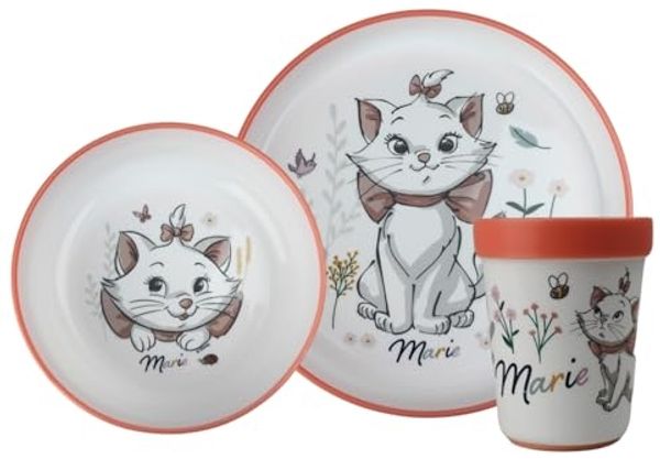 Disney Baby Aristocats Marie, 3-teiliges Set mit Bechern, großer Teller, rutschfest, leicht, praktisch, ab 10 Monaten, Weiß
