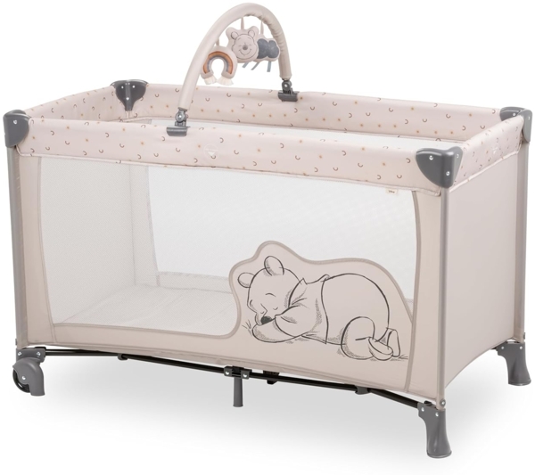hauck Kinderreisebett Dream N Play Go mit Spielbogen, Rollen und Transporttasche, Klein Zusammenklappbar, Baby Reisebett Kleinkind ab Geburt bis 15 kg (Disney Pooh Rainbow Beige)