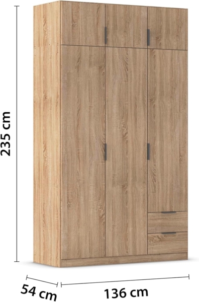 Rauch Möbel Lagoa, Kleiderschrank, Garderobe für Schlafzimmer, Kinderzimmer, Jugendzimmer 6-türig, 2 Schubladen, mit Zubehör Classic, Farbe Eiche Sonoma, Holz, Breite 136 cm Bild 3