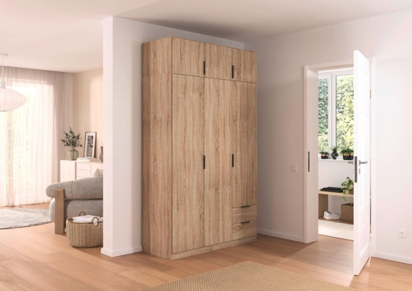 Rauch Möbel Lagoa, Kleiderschrank, Garderobe für Schlafzimmer, Kinderzimmer, Jugendzimmer 6-türig, 2 Schubladen, mit Zubehör Classic, Farbe Eiche Sonoma, Holz, Breite 136 cm Bild 2