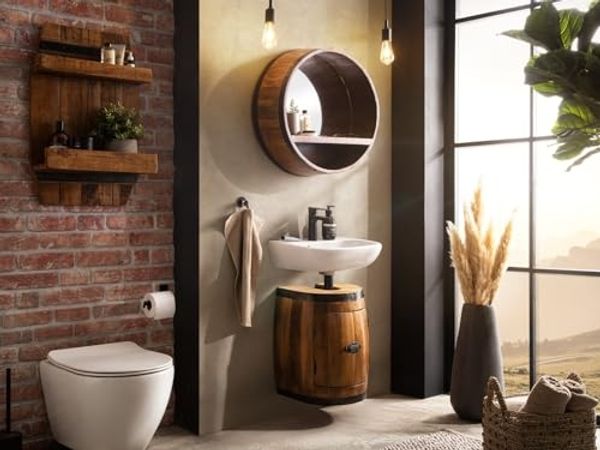 Badset massivum Barrel 3-teilig aus Holz braun 35x50x30 cm Badmöbel-Set rustikal hängend Gäste-WC Badezimmer-Set Industrial Stil