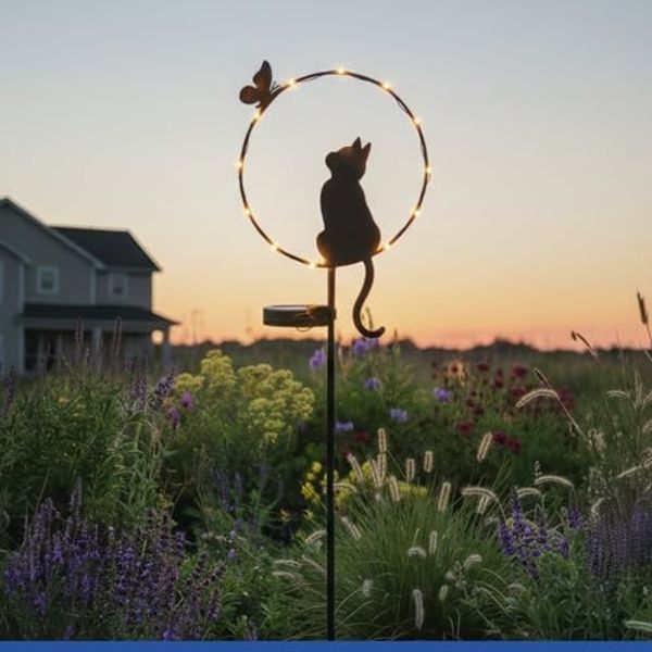 Maximex LED Gartenleuchte Modell Katze und Schmetterling, Ein-/Ausschalter, LED fest integriert, Warmweiß, solarbetriebener Gartenstecker, leuchtet bis zu 8 Stunden