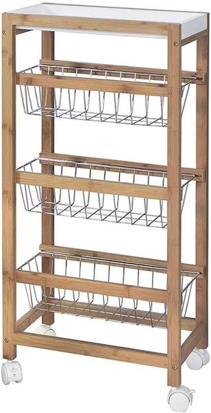 BAKAJI Küchenwagen Slim platzsparend aus Bambusholz mit 1 ausziehbarem Tablett 3 Körben und Obstkorb aus Metall und 4 drehbare Rollen Servierwagen Haus Maße 40 x 22 x 83 cm