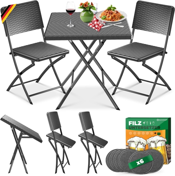 KESSER® Bistroset 3-teilig Balkontisch mit 2 Stühlen | Balkonmöbel Wetterfest & UV-beständig Balkonset klappbare Sitzgruppe | Beschichtetes Stahl | Gartenmöbelset mit 6 Filz-Untersetzer Anthrazit, Rattan