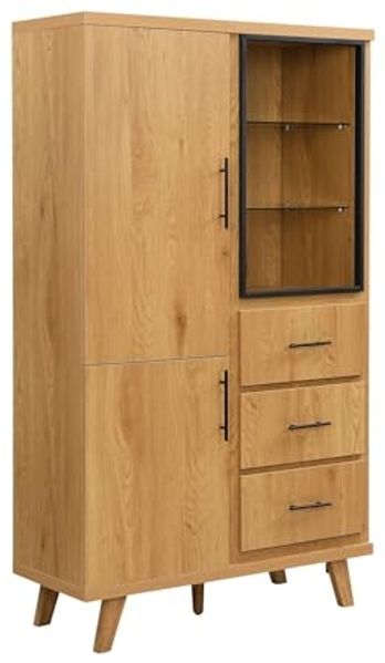 Hochschrank MDF 188cm Eiche Dekor Groß mit Türen und Schubladen - Design Standschrank - Mehrzweckschrank Holzoptik - Wohnzimmerschrank Modern - Esszimmerschrank mit Regal