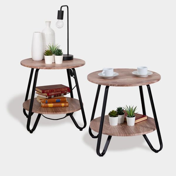 MEUBLE COSY Nachttisch 2er Set Beistelltisch Nachtschrank mit offenen Ablagen Wohnzimmertisch Sofatisch für Schlafzimmer Wohnzimmer Büro, Industrie, aus Ingenieurholz Metall, Hellbraun + Schwarz