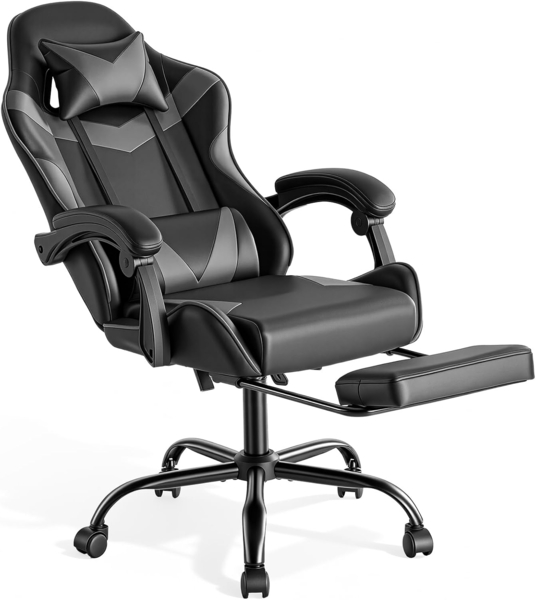 Sweetcrispy Gaming Stuhl, Gaming Chair mit Fußstütze Kopfstütze Lendenwirbelstütze, Ergonomischer PC Stuhl, Höhenverstellbarer Bürostuhl Computerstuhl, Gamer Stuhl, Drehbarer Schreibtischstuhl, Grau