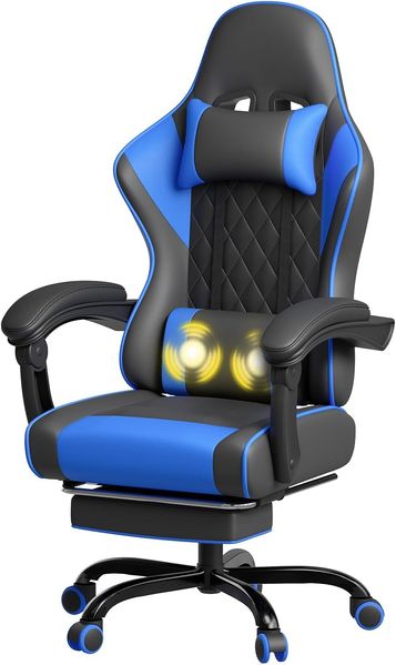 JUMMICO Gaming Stuhl mit massagefunktion, ergonomischer Gaming Stuhl,EIN Gamingstuhl mit Lendenkissen, Fußstütze und Kopfstütze,PC - Stuhl, Tragfähigkeit 150 kg - Blau