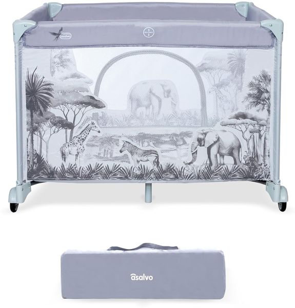 Asalvo Square Laufstall für Babys, quadratisch, faltbar, 93x93 cm, mit atmungsaktivem Netzstoff, Laufstall für Babys, Laufstall, gepolsterte Unterlage und Tragetasche, Grauwald