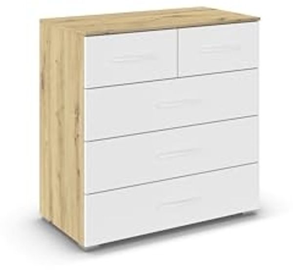 rauch Aditio Box, Kommode, 5 Schubladen, mit Softclose-Funktion, Farbe Weiß/Eiche Artisan, BxHxT 80x81x42cm