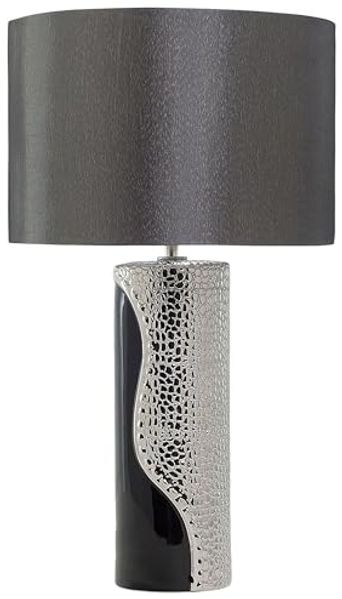 'Aiken' Tischlampe Schwarz und Silber Porzellanfuß Stoffschirm Schwarz Kabel mit Schalter Moderner Minimalistischer Glamouröser Stil