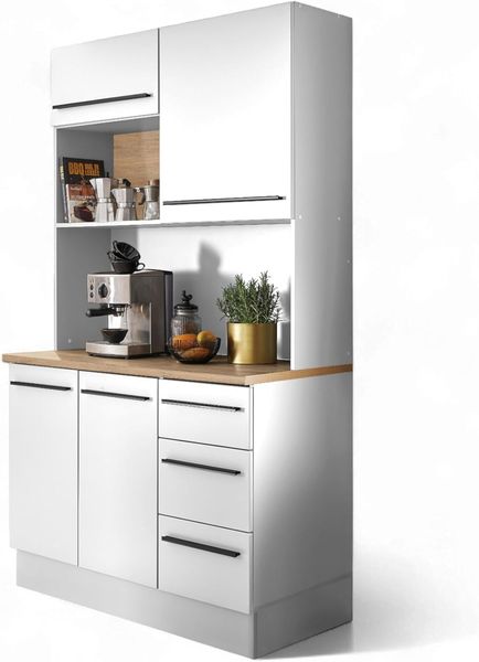 Stella Trading Denver Buffetschrank in Weiß, Mauvella Eiche Optik - Geräumiger Küchenschrank mit Arbeitsplatte - 120 x 211 x 60 cm (B/H/T)