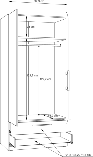 FORTE CADIXO Kleiderschrank 100, klassischer Schrank mit Zwei Drehtüren und 2 Schubladen, Holzwerkstoff, Artisan Eiche Dekor, 100,9 cm breit, 212,9 cm hoch, 58,9 cm tief Bild 7