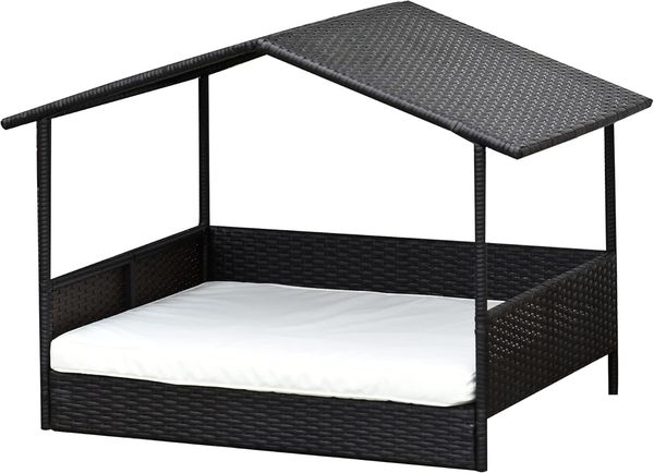 PawHut Hundehütte Rattan Hundehaus mit Kissen, Hundebett im Hausform, für kleine, mittlere Hunde, Braun