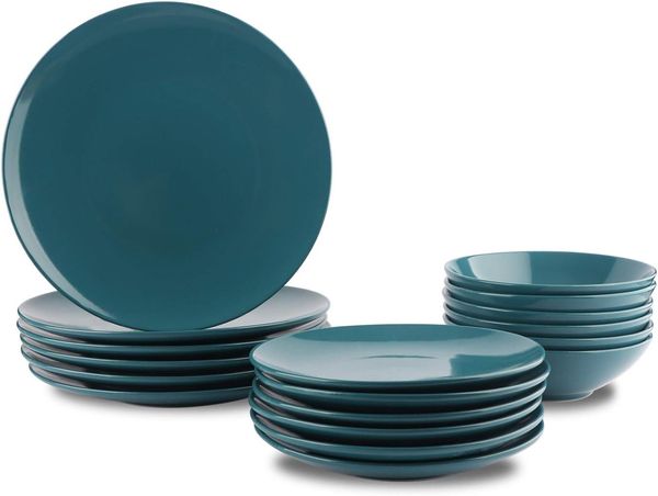 AmazonBasics Geschirrservice aus Steingut, 18-teilig, dunkles Türkis, Service für 6 Personen