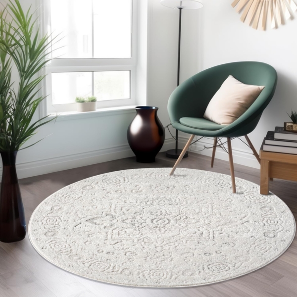 Teppich Rund 200x200cm - Creme Ornamte Muster Boho Design Flachflor Hochtief Struktur Bodenbelag Deko