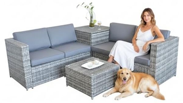 XXL PolyRattan Sitzgruppe + Auflagenbox Garten Sofa Sitzgarnitur Gartenset Grau