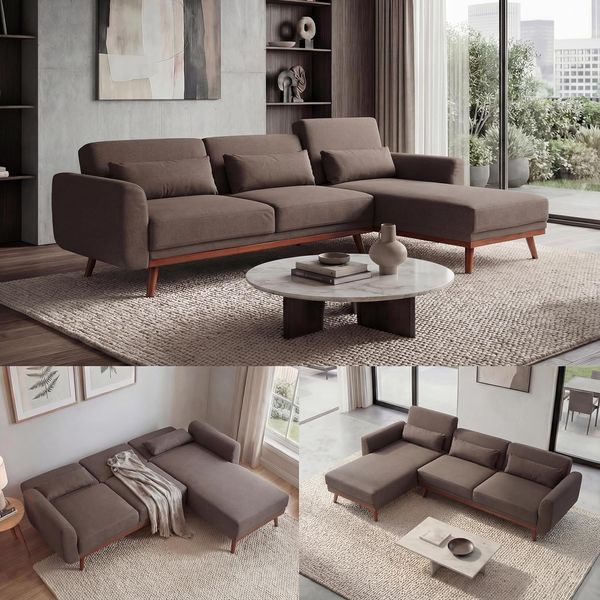 Sofa HWC-J20, Couch Ecksofa, L-Form 3-Sitzer Liegefläche Schlaffunktion Stoff/Textil 280cm ~ braun