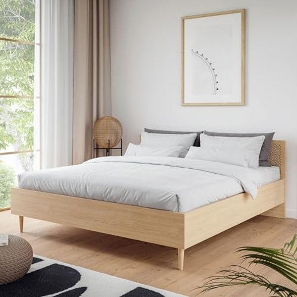 Forte CALASETTA Bettgestell 180x200 cm, Boho-Bettgestell, Holzwerkstoff, Elegancia Eiche |Technorattan, 187,4 cm breit x 90 cm hoch x 206 cm tief