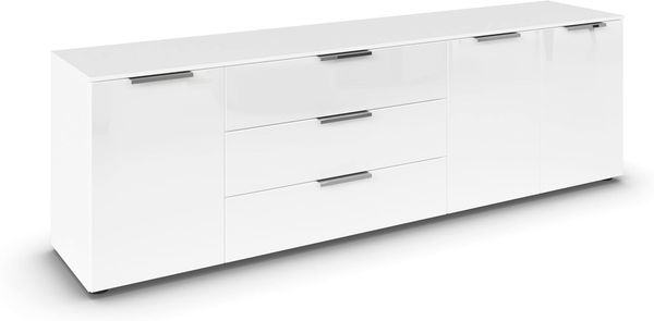 Rauch Möbel Flipp, Sideboard, TV-Schrank, Kommode mit Stauraum, Alpinweiß/Glasfront Weiß, 3-türig, Glastüren, 3 Schubkästen, Griffe Chrom, 199 x 61 x 42 cm