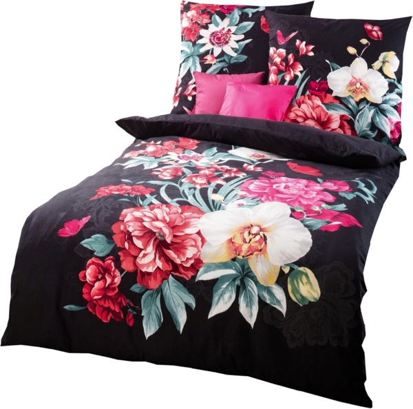 Kaeppel Bettwäsche Kaeppel Linon / Renforcé Bettwäsche 135x200cm 2 tlg. Euphoria Pink, Renforcé, 2 teilig, Schwarze Bettwäsche mit buntem großen Blumenmotiv