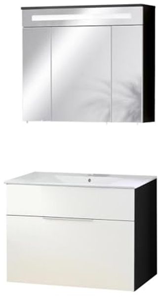 FACKELMANN KARA Waschtisch Set mit Spiegelschrank 80 cm breit, Weiß/Anthrazit, Waschbecken Keramik Weiß, 1 Schublade
