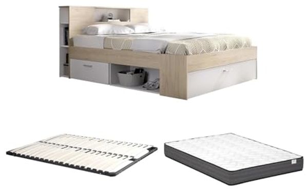 Vente-unique - LEANDRE Bett Holz, Platte BeigeWeiß - B 149,6 cm x H 95 cm x L 218,5 cm