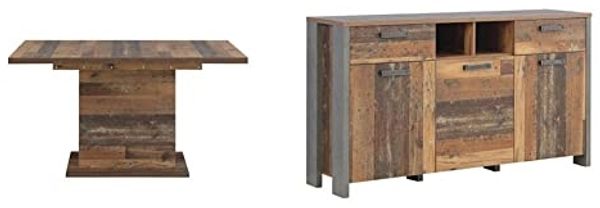 Forte Clif Esstisch ausziehbar, Holzwerkstoff, Old-Wood Vintage 160-200 x 76,6 x 90 cm & Clif Kommode mit 3 Türen und 2 Schubkästen, Dunkelgrau, 156,4 x 86,3 x 41,6 cm