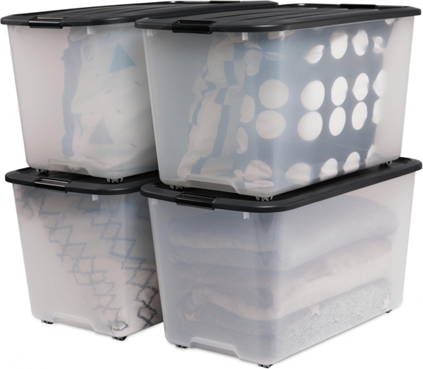 Iris Ohyama, Kunststoff-Aufbewahrungsbox, 70 l Garagen-Aufbewahrungsbox, 4er-Set, BPA-frei, TBR-70, Schwarz, stapelbar, Verschlussklammern ? B68 x T39 x H38 cm