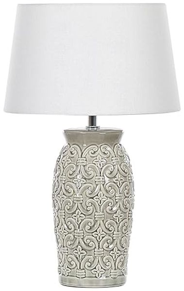 'Khoper' Tischlampe Grau und Weiß Keramik Ornamente Antik Optik 48cm Stoffschirm Kegelform langes Kabel mit Schalter handgemacht Schlaf- u. Wohnzimmer