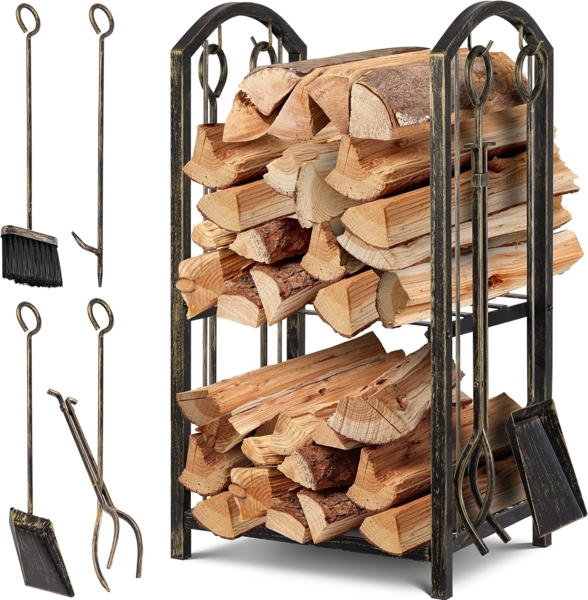 KESSER® Kaminholzregal 5-teiliges Set Kaminholzständer Feuerholzablage Brennholzregal Innen und Aussen Metall 2 Ebenen 4 Kaminwerkzeug für Kamin & Ofen, Stahl 40 x 30 x 74,5 cm Verstellbar Gold/Schwarz