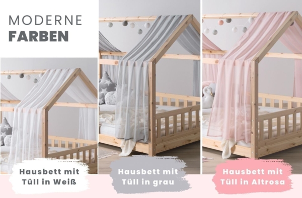 TiCAA Kinderbett Hausbett mit Tüll Kim 90x200 cm, 100x200 cm, 120x200 cm, 140x200 für Jungen & Mädchen, inkl. Rolllattenrost, Rausfallschutz variabel, Montessori Bett Natur aus Kiefer Massivholz Bild 4