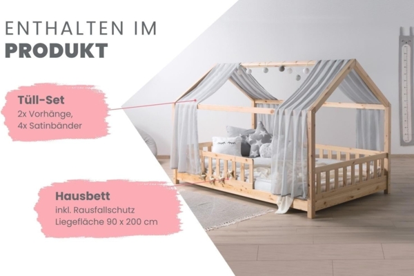 TiCAA Kinderbett Hausbett mit Tüll Kim 90x200 cm, 100x200 cm, 120x200 cm, 140x200 für Jungen & Mädchen, inkl. Rolllattenrost, Rausfallschutz variabel, Montessori Bett Natur aus Kiefer Massivholz Bild 3