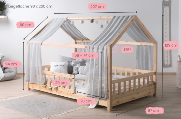 TiCAA Kinderbett Hausbett mit Tüll Kim 90x200 cm, 100x200 cm, 120x200 cm, 140x200 für Jungen & Mädchen, inkl. Rolllattenrost, Rausfallschutz variabel, Montessori Bett Natur aus Kiefer Massivholz Bild 2