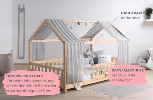 TiCAA Kinderbett Hausbett mit Tüll Kim 90x200 cm, 100x200 cm, 120x200 cm, 140x200 für Jungen & Mädchen, inkl. Rolllattenrost, Rausfallschutz variabel, Montessori Bett Natur aus Kiefer Massivholz Bild 5