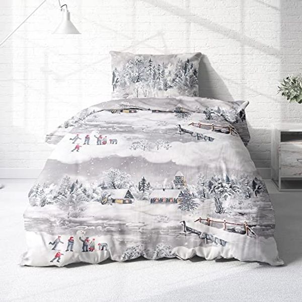 Träumschön Bettwäsche Biber Bettwäsche 2tlg für Weihnachten, Kuschelige Bettwäsche Schneelandschaft, Bettwäsche aus 100% Baumwolle, Tolle Winterbettwäsche