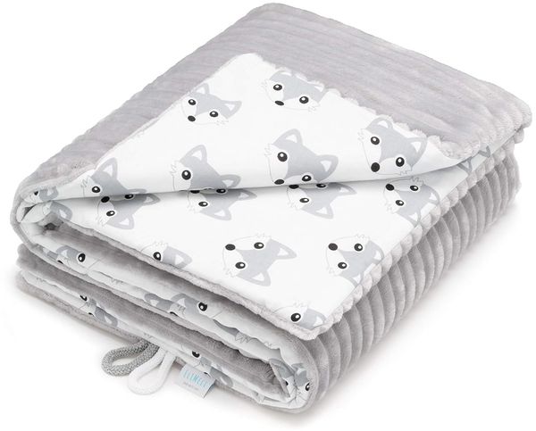 EliMeli Babydecke Kuscheldecke junge Krabbeldecke 75x100 | Ultraweicher Gestreifter Microfaser-Plüsch Stoff aus Baumwolle | Füllung | hoch Qualität | ideal als Kinderwagendecke (Grau - Hund)