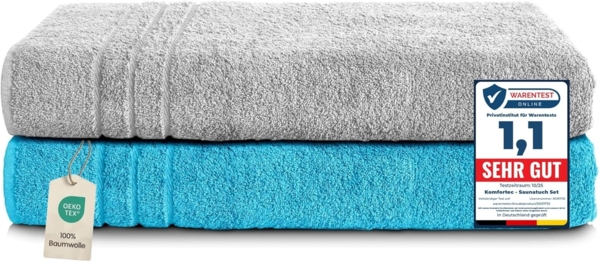 Komfortec 2er Saunatuch Set 80x200 cm aus 100% Baumwolle, XXL-Saunatücher, Sauna Handtuch, Weich, Groß, Frottee, Schnelltrocknend, Silber Grau/Türkis