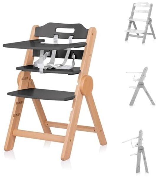 Chipolino Kinderhochstuhl Cacao Holz, Treppenstuhl, Beinstütze, klappbar, Gurt grau