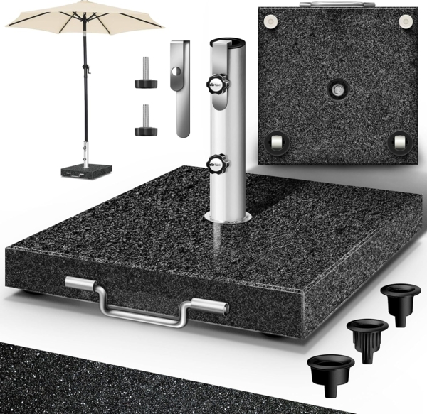 tillvex® Granit Sonnenschirmständer mit Rollen & Transportgriff Anthrazit - 27 kg Eckig | Schirmständer Sonnenschirm mit Edelstahlrohr | Balkonschirmständer für Schirmstöcke 16-48 mm & 300 cm Schirmdurchmesser